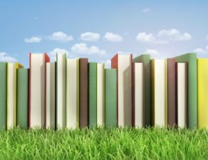 Stack of books on the grass.